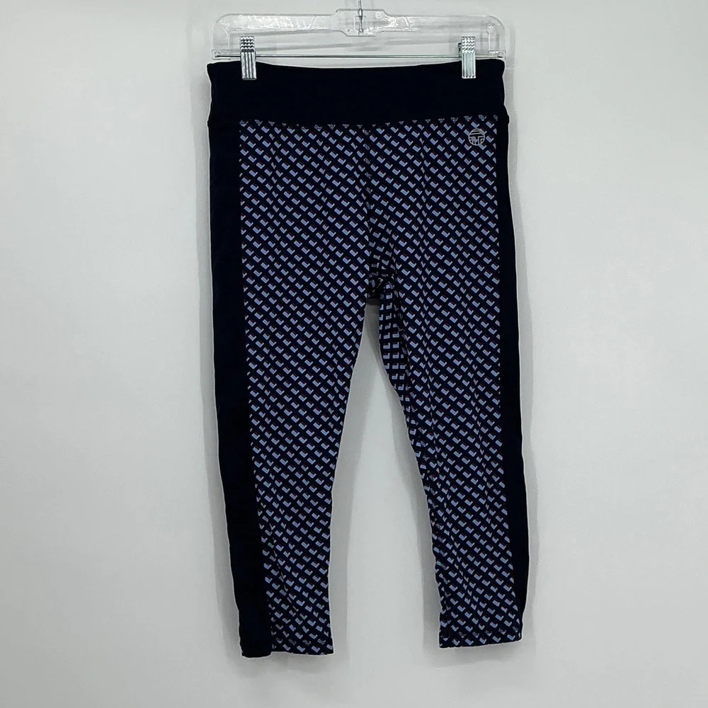 Tory Burch Sport Patterned Leggings Size Large Navy & Light Blue Logo Print